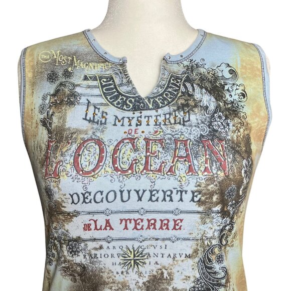 Vintage Y2K Blue Tan Rhinestone Graphic Tank 100% Cotton. Large. Western Artsy - Picture 6 of 11